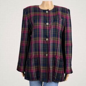 Vintage J. Gallery Multi Color Plaid Button Up Blazer Jacket SZ 14 Lined Pocket